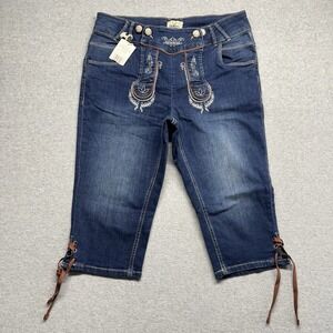 Womens WALDSCHÜTZ Embroidered Denim Lederhosen Shorts Blue Oktoberfest W34